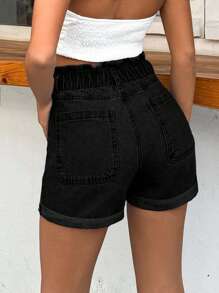 EURMUSE 100%Cotton Rigid, Elastic Band Detailed Shorts - Black - View 2