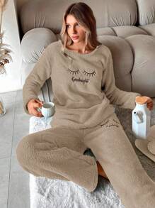 SHEIN Cottnline Women's Eyelashes Embroidery Fuzzy Pajama Set - Brown - View 6