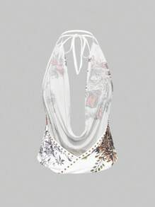 ROMWE Grunge Punk 复古 Y2K 别致铆钉复古虎头与花卉艺伎印花水钻性感深垂领女式无袖背心 - 白色 - 查看 2