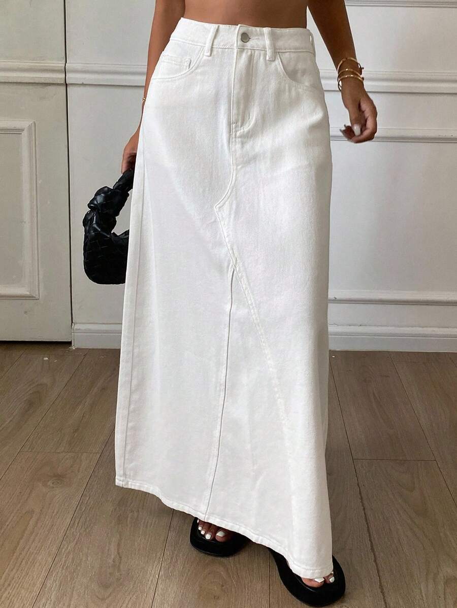 DAZY 女士休闲A字型牛仔长裙 - 白色 - 查看 1