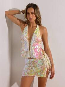 Opulessa Áo hở lưng hở lưng đính sequin dệt trơn màu cho nữ khi trở lại trường, Y2K, trang phục công sở thường ngày cho nữ, hòa nhạc đồng quê, kín đáo, cơ bản, khách dự tiệc cưới cho nữ, sinh nhật cho nữ, đêm hẹn hò cho nữ, giáo viên cho nữ, câu lạc bộ gợi cảm cho nữ, trang phục Halloween - Hồng - Xem 5