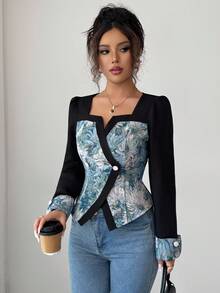 Elenzga Women's Fashion Elegant Patchwork Multi-Color Jacquard Fabric Palace Style Waist Cinched Square Collar Long Sleeve Blouse Fall Cloth For Women - Multicolor - View 4
