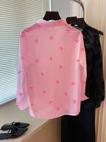 SHEIN 女士蝴蝶印花长袖衬衫 - 粉色 - 查看 2