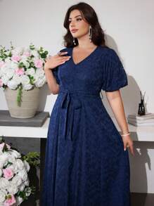 Modelyn Plus Size Women V-Neck Puff Sleeve Tie Waist Flared Elegant Dress - Navy Blue - View 6