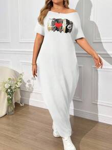 SHEIN LUNE Women's Plus Size Printed Dress Maxi Women Outfit - White - View 5