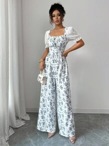 Rafferiza 女士优雅花卉雪纺拼布褶饰连体裤 - 藍色 - 查看 5