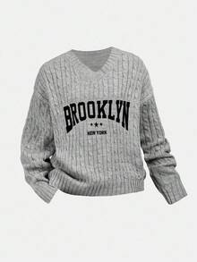 SHEIN Girlism Teen Girl's Casual Loose V-Neck English Slogan Print Sweater, Versatile In Fall/Winter