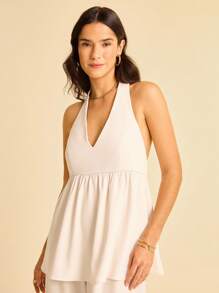 CAJUNI Women's V-Neck Solid Color Halter Tie Blouse-Fall Clothes For Women/Basic Tops - White - View 5