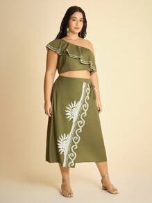 CAJUNI Conjunto de 2 piezas con blusa de cuello asimétrico con volantes y estampado tropical verde, y falda - Ropa bohemia para mujer / Ropa occidental para mujer / Gráfica / Casual - Vestidos de otoño para mujer - Verde - Ver 3