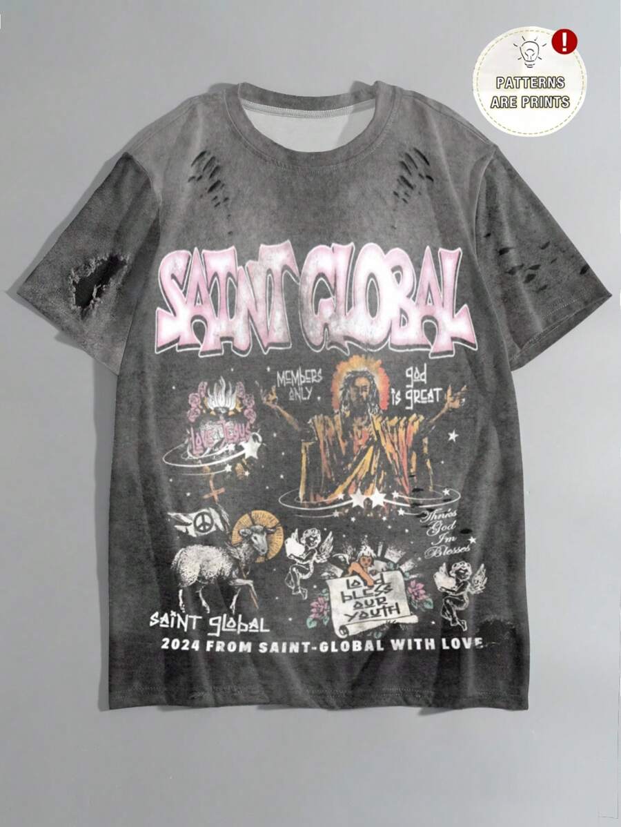 Manfinity Dauomo Religious Jesus Print Men's Casual Distressed T-Shirt