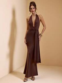 SHEIN BAE Robe longue dos-nu à col montant pour femmes, couleur unie sexy