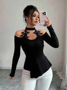 Selianne Elenzga 女士优雅性感时尚刺绣蕾丝花卉装饰 V 领不对称下摆长袖 T 恤，修身廓形，适合度假、约会、日常活动、派对、秋冬 - 黑色 - 查看 4