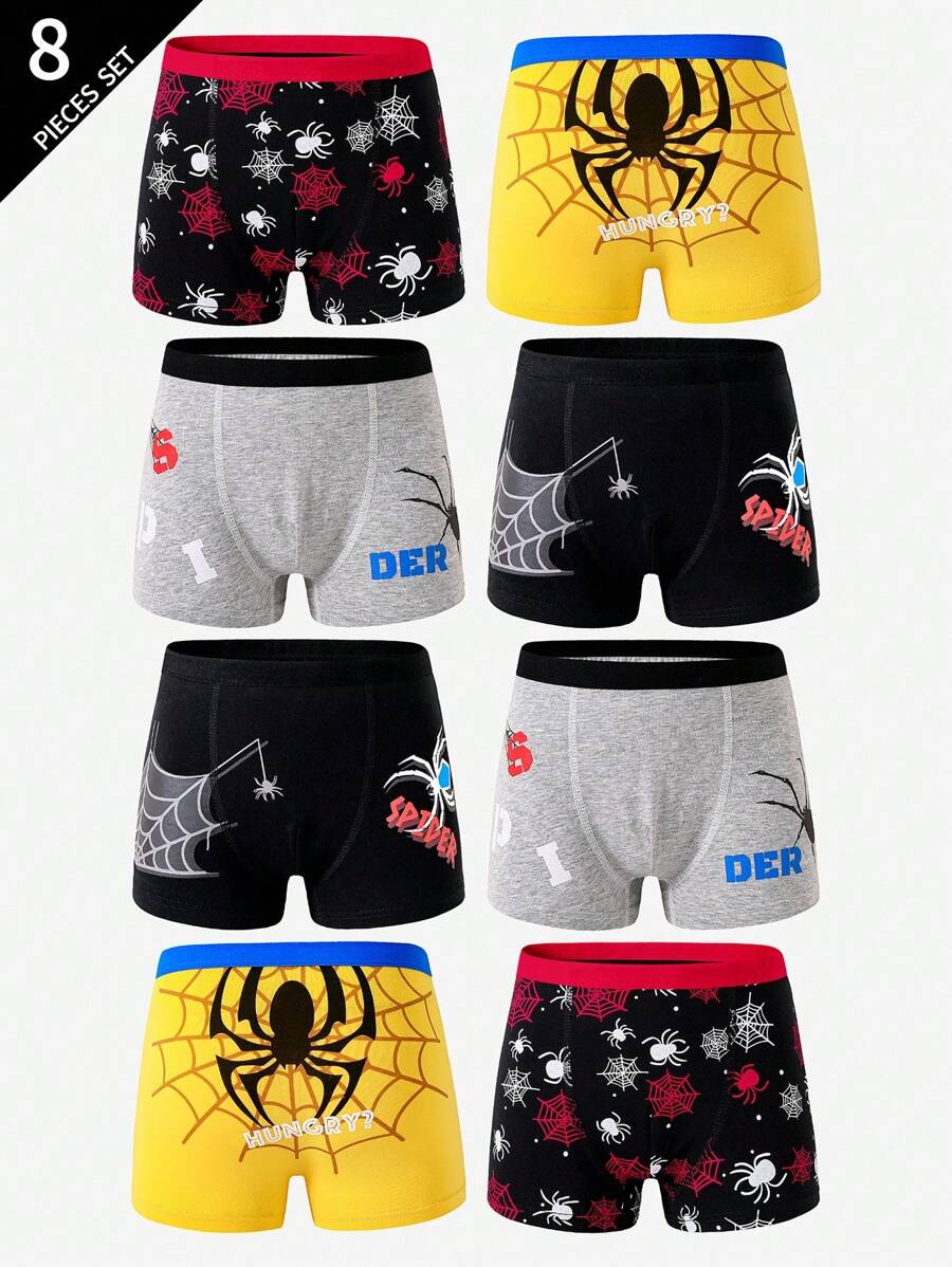 8 件/包 青少年男孩舒适蜘蛛印花棉质内裤，返校时尚青少年男孩平角裤 返校时尚 - 彩色 - 查看 1