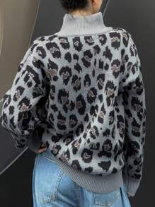 DAZY 豹纹宽松时尚百搭女士长袖拉链开衫 - 深灰色 - 查看 2