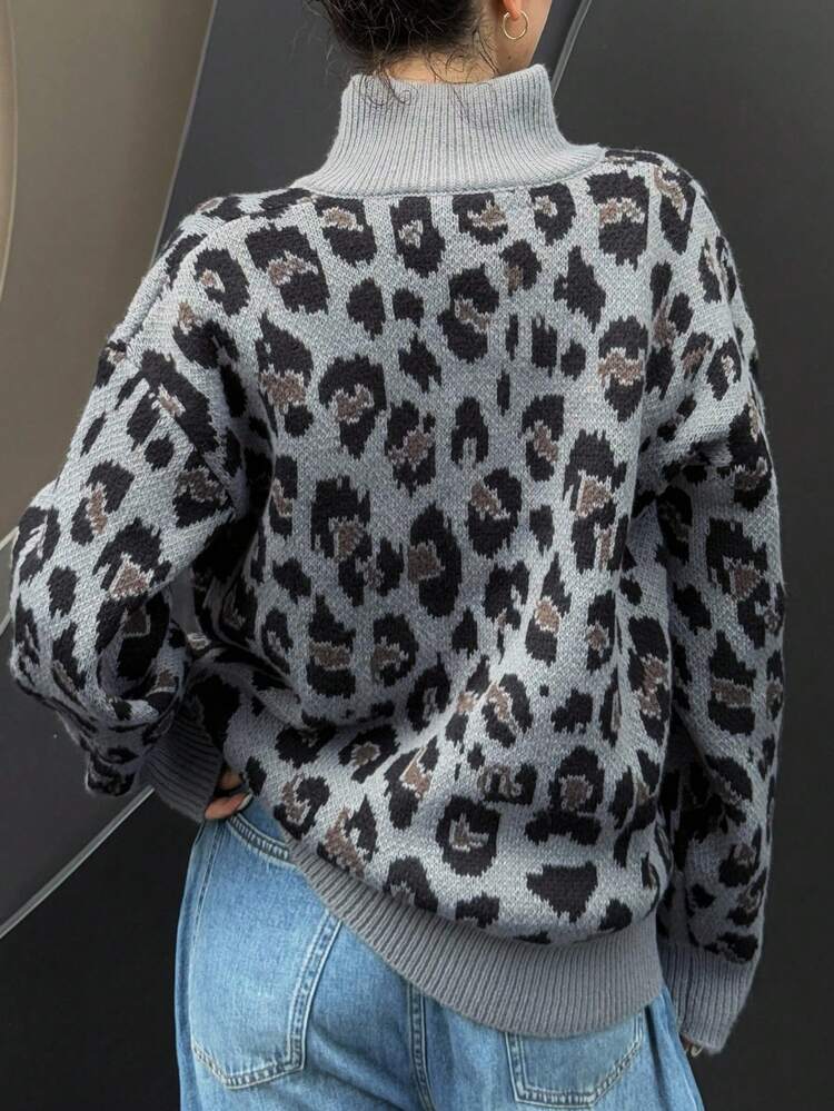 Leopard Print Loose Fashionable Versatile Long Sleeve Zip-Up Cardigan For Women