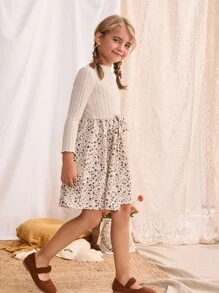 Blossori Vestido de manga larga con parches de punto y estampado floral pequeño elegante francés para niñas jóvenes en color caqui - Multicolor - Ver 5