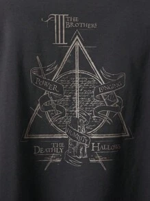 GLOWMODE X Harry Potter Pima Cotton The Deathly Hollows Lightweight Soft Stretchy Relaxed Fit Cropped Graphic Crewneck T-Shirt Daily Casual Wear - Iron Gray - View 4
