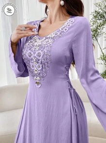 Al Najma Women's Floral Print Decorated Long Sleeve Side Tied Arabian Dress - Purple - View 1
