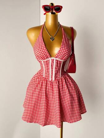 BamGleam 夏季休闲性感格子印花梭织荷叶边下摆女裙