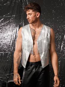 FeverCity Men's Woven Casual Loose Fit Sleeveless Vest Top , Fall Winter - Silver - View 5