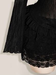 SHEIN ICON Plus Size Long Sleeve Sheer Tie Front Cardigan And Multi-Layer Lace Shorts Set,Fall Clothes For Women - Black - View 6