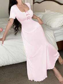 SHEIN Váy ngủ nữ màu tương phản nơ thanh lịch - Màu Hồng baby - Xem 3