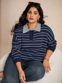 Elaquor Plus Size Women's Drop Shoulder Long Sleeve Striped Blue Polo Sweater In Fall/Winter - Blue - View 4