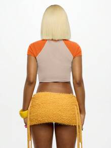 SUMWON WOMEN 复古风格棒球插肩短款上衣运动图案夏季节日舞会夜店街头潮流 T 恤 - 橘色 - 查看 2