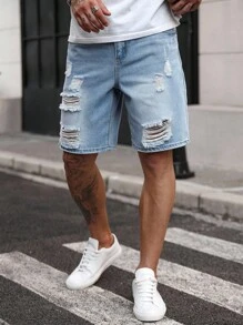 Manfinity Homme 男士休闲破洞牛仔短裤（夏季） - 藍色 - 查看 3