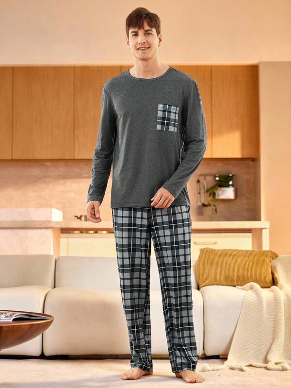Manfinity Underwear&Sleepwear Basics Men's Patchwork Pocket Long Sleeve Top And Plaid Long Pants Pajama Set
