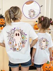 女士休闲时尚创意卡通蜘蛛网彩色花卉幽灵图案印花 T 恤，节日主题基本款短袖 T 恤 - 白色 - 查看 3