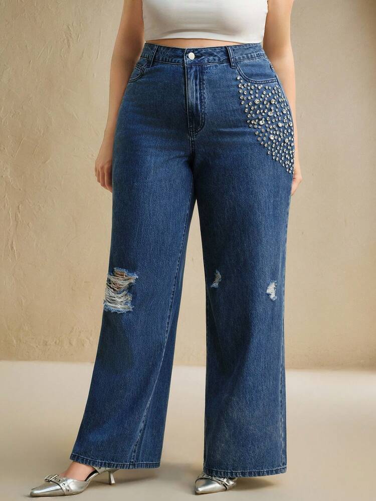 Plus Size Vintage Rhinestone & Beaded Embellished Straight Leg Jeans For Women, Casual & Elegant