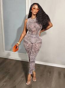 BamGleam 2件套女士时尚性感龙纹印花透明紧身衣（含紧身裤）