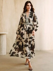 Anewsta Women's Autumn Heavily Embellished Rhinestone Decor V-Neck Elegant Printed Music Festival Party Long Sleeve Black & Apricot Dress - Black - View 4