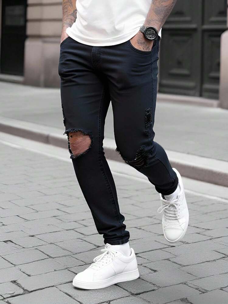 Manfinity Homme 男士街头风格休闲百搭破洞牛仔裤 - 黑色 - 查看 3