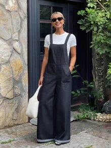 DAZY Women's Loose Casual Long Denim Bib Pants And Jumpsuit Overalls - Dark Wash - View 6