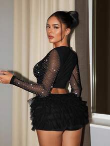 SHEIN SXY Áo thun tay dài màu đen gợi cảm đính đá Rhinestone, Áo đính đá Rhinestone màu đen, Áo lưới màu đen, Y2k, Áo crop top, Áo dễ thương, Áo đi chơi cho nữ, Áo mùa thu cho nữ, Hòa nhạc đồng quê, Câu lạc bộ phụ nữ gợi cảm, Mùa thu cho phụ nữ, Trang phục Halloween, Sinh nhật cho phụ nữ, Câu lạc bộ phụ nữ gợi cảm, Áo Y2k, Buổi hòa nhạc cho phụ nữ, Rave, Tiệc tùng cho phụ nữ, Lễ hội cho phụ nữ, Câu lạc bộ, Gợi cảm cho phụ nữ, Đi chơi - màu đen - Xem 2