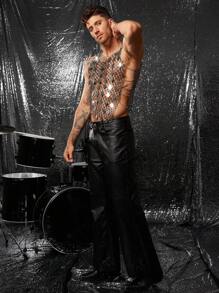 FeverCity Men's Rhinestone Flower Mesh Sexy Top - Black - View 3