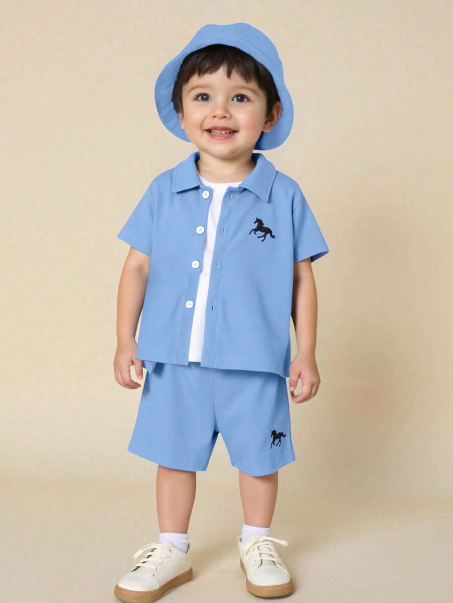 4-teiliges Baby-/Kleinkind-Jungenoutfit Set - weißes T-Shirt, kariertes Hemd, Shorts, Hut, geeignet für Sommerausflüge, Urlaub und vielfältige lässige Anlässe