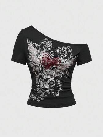 Grunge Punk Y2K Heart & Vine Rhinestone Decor Sexy Slim Fit Ruched Shoulder Short Sleeve T-Shirt For Women