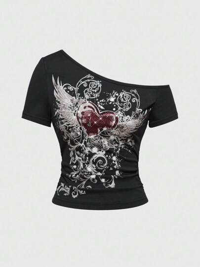 Grunge Punk T-shirt à manches courtes pour femmes, coupe slim, avec épaules drapées, décoré de strass en forme de cœur et de vignes, style Y2K