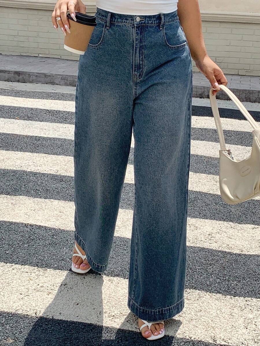 Dazy Plus Plus Size Washed Distressed Loose Wide Leg Jeans, All Season - Medium Wash - View 1