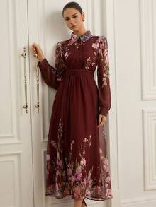 Chiquease Vestido elegante de manga larga con cuello de botón, cintura recogida, tela de gasa arrugada, mangas holgadas y diseño transparente para mujeres - Multicolor - Ver 3