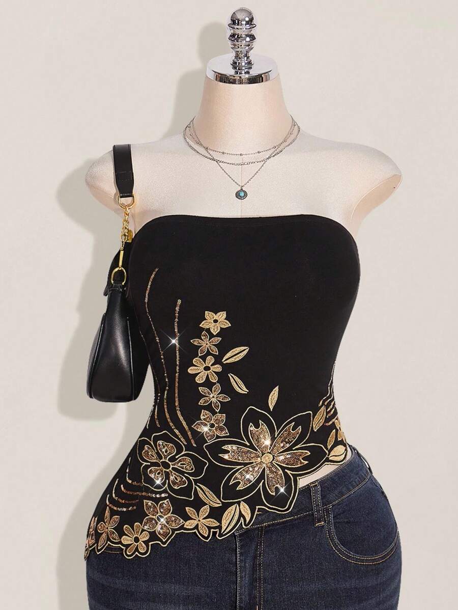 SHEIN ICON Plus Size Y2k Summer Women Going Out Vintage Boho Fashion Vacation Glitter Embroidered Sparkly Sequin Black Asymmetric Hem Embroidered Bandeau Top, Fashion Embroidered Corset Top - Multicolor - View 1