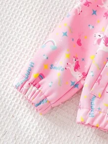 Elladie kids 1pc Young Girl Hooded Zip Up Cute Unicorn Print Lined Fleece Jacket Girls School Wear Pink Jacket Fall Winter - Pink - View 5