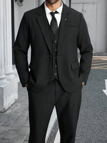 Manfinity Mode Conjunto de traje de blazer, chaleco y pantalones de unicolor para hombres de talla grande, formal, para ceremonia - Negro - Ver 6