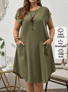Rusticease 大码女式夏季休闲度假圆领短袖纯色军绿色口袋连衣裙 - 軍綠色 - 查看 5