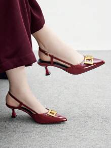 CUCCOO BIZCHIC 女士尖头小猫跟酒红色后带舒适百搭通勤高跟穆勒鞋 - 酒紅色 - 查看 1