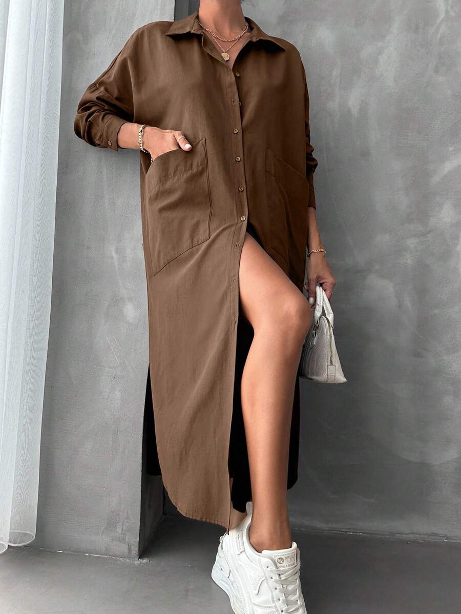 SHEIN Cottnline 捲邊袖口袋貼片開衩大腿襯衫洋裝 - 咖啡 - 查看 1