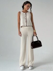 Aloruh 2pcs Women Contrast Color Knitted Vest Sweater + Straight Wide Leg Contrast Color Knitted Pants Set, Early Autumn - Multicolor - View 5